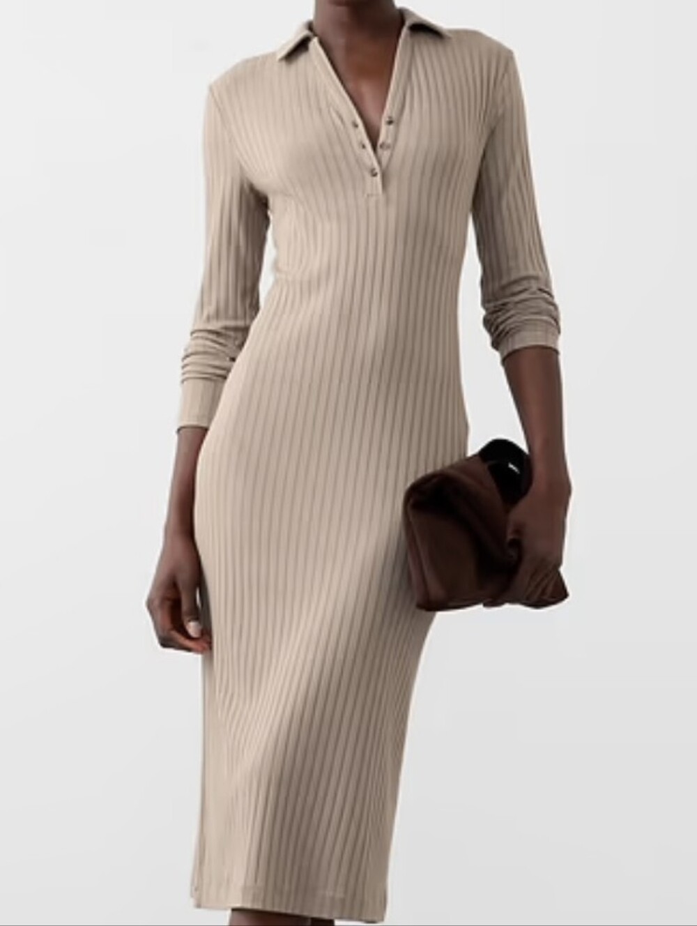 NWT- Banana Republic Stretch Wide Ribbed Polo Knit Mocha Latte Midi Dress-Size M